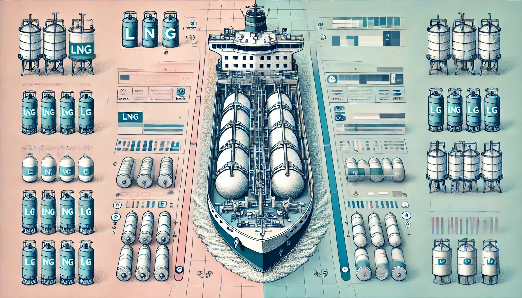 "A detailed split illustration of a ship, with LNG tanks on the left side and hydrogen and ammonia tanks on the right side. The design features clean lines and technical details, highlighting the ship's structure and the different fuel tanks. The background includes technical annotations and environmental indicators.