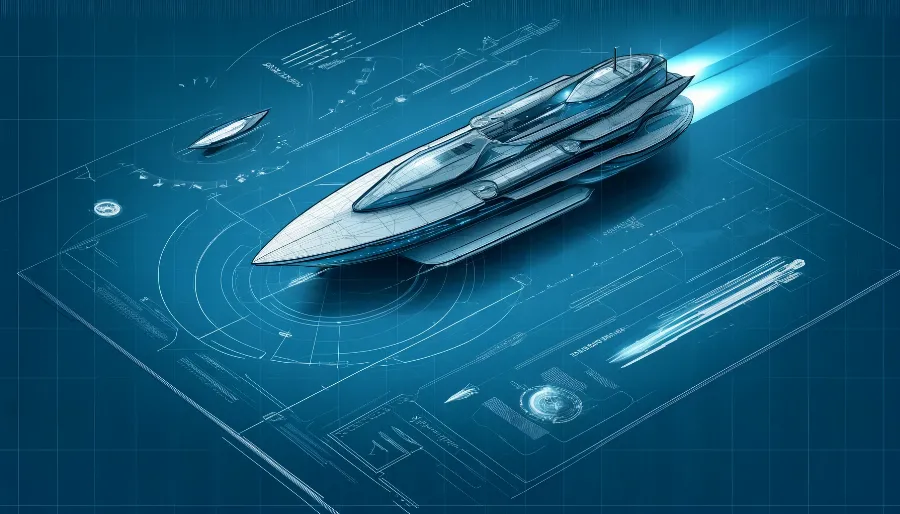 an illustration of a futuristic, autonomous freight ship at sea