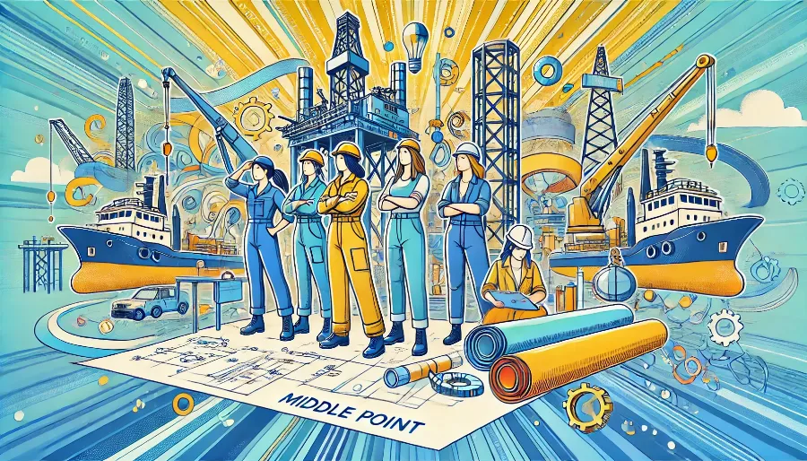 A vibrant and detailed artistic image celebrating International Women in Engineering Day. The scene depicts several women engineers collaborating in a maritime environment. They are shown working with ship blueprints, various engineering tools, and models of offshore platforms. The women are engaged in discussion and hands-on activities, symbolizing teamwork and innovation. The colors blue (#2B7CF2) and yellow (#F4CA26) are prominently used throughout the image, reflecting Middle Point's branding. The background subtly incorporates the Middle Point logo, blending harmoniously with the overall design. The style of the image is artistic and avoids realism, focusing instead on a harmonious blend of colors and shapes to create an inspiring and celebratory atmosphere.