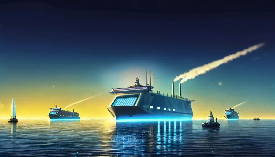 A modern, highly detailed, colorful illustration of futuristic ships on the open sea during sunset. The central focus is a large, advanced ship powered by hydrogen fuel cells, emitting semi-transparent water vapor, creating a misty effect around it. To the left, another futuristic ship powered by ammonia technology is visible. The ships are surrounded by calm waters under a vibrant sunset sky, with shades of blue and yellow highlighting the scene.