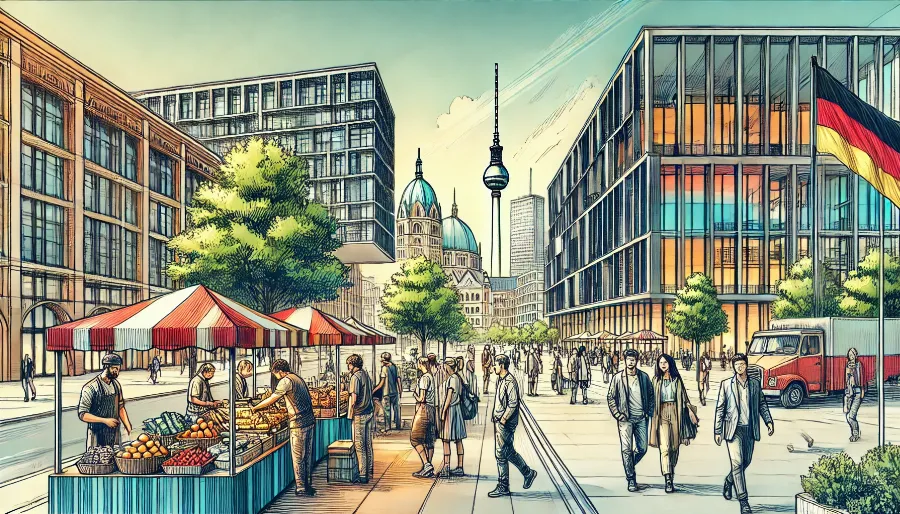  a drawing, depicting a modern German cityscape with expats and locals interacting at a street market. The scene blends vibrant colors, detailed lines, and artistic flair to capture the dynamic urban life and cultural integration. The scene captures the vibrant and dynamic urban life with a blend of contemporary architecture and traditional German food stalls under clear skies.