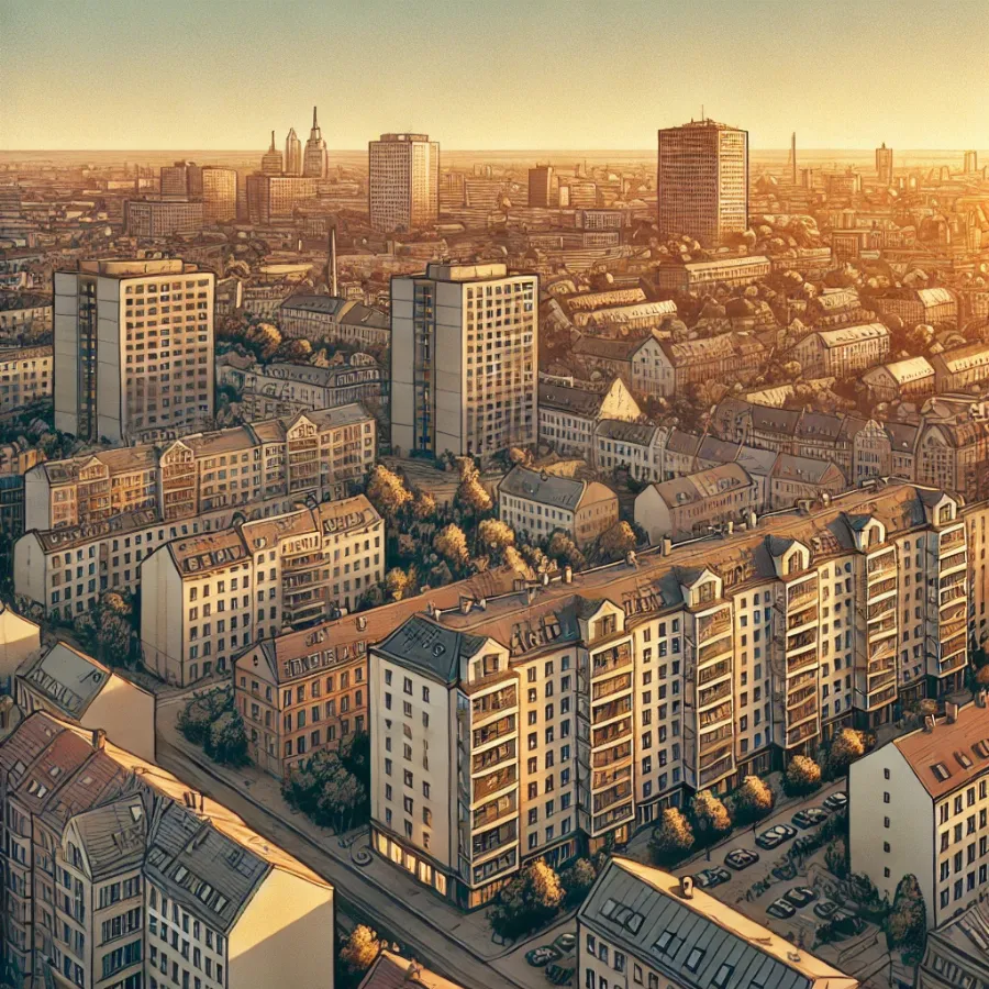 A panoramic aerial illustration of Berlin during sunset, showcasing diverse city architecture. High-rise apartment buildings stand next to traditional, cozy neighborhoods. The view is wide-angle, from a drone perspective, with the cityscape stretching into the background. The image is rendered in soft, warm golden hour lighting, highlighting the contrast between modern and older structures. The style is hand-drawn with clean lines and subtle shading, blending the urban landscape with the natural warmth of the evening sky.